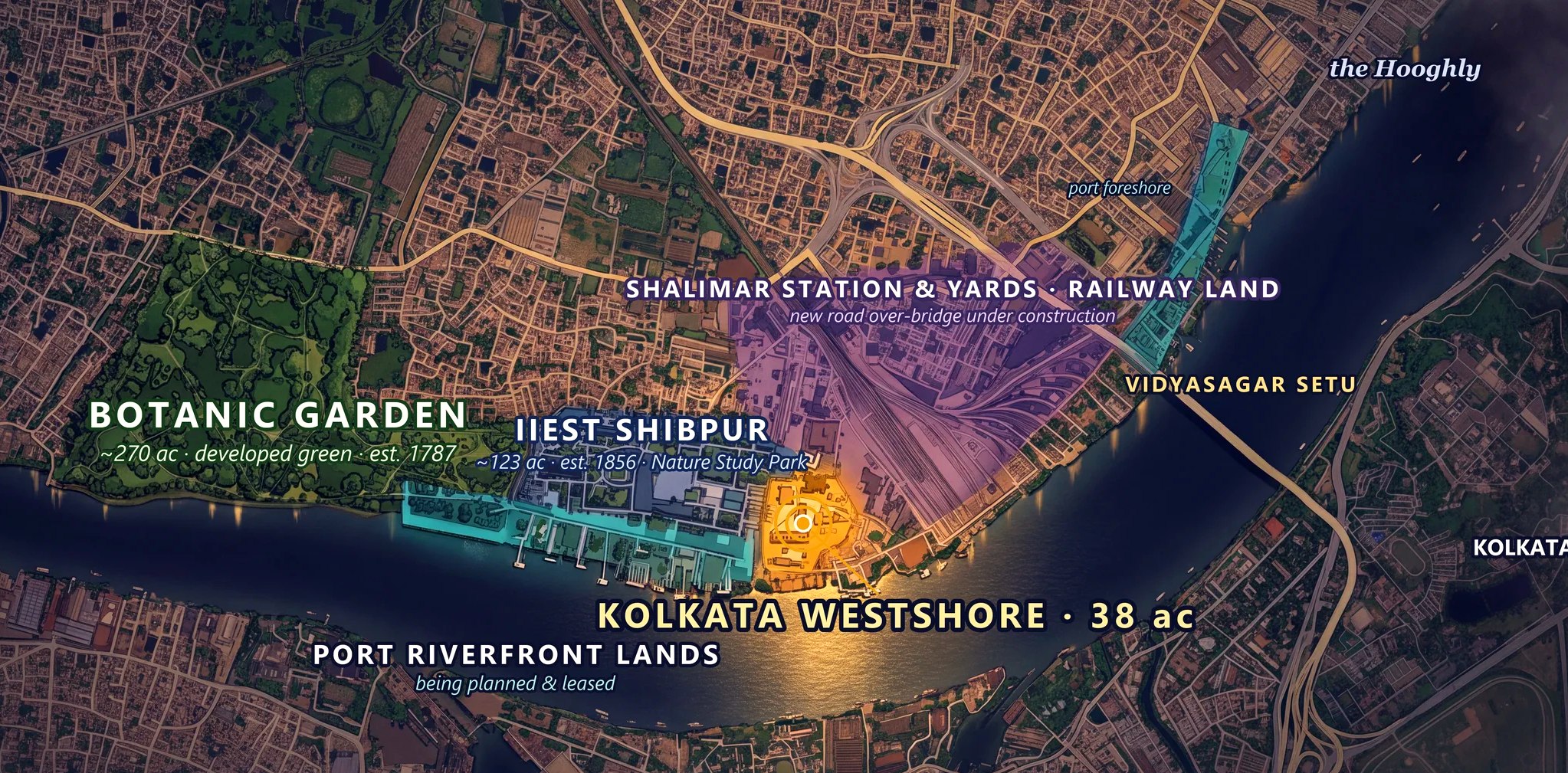 Satellite view of the 700-acre west-bank canvas — Botanic Garden, IIEST campus, port riverfront lands and Shalimar station, with Kolkata Westshore at its centre