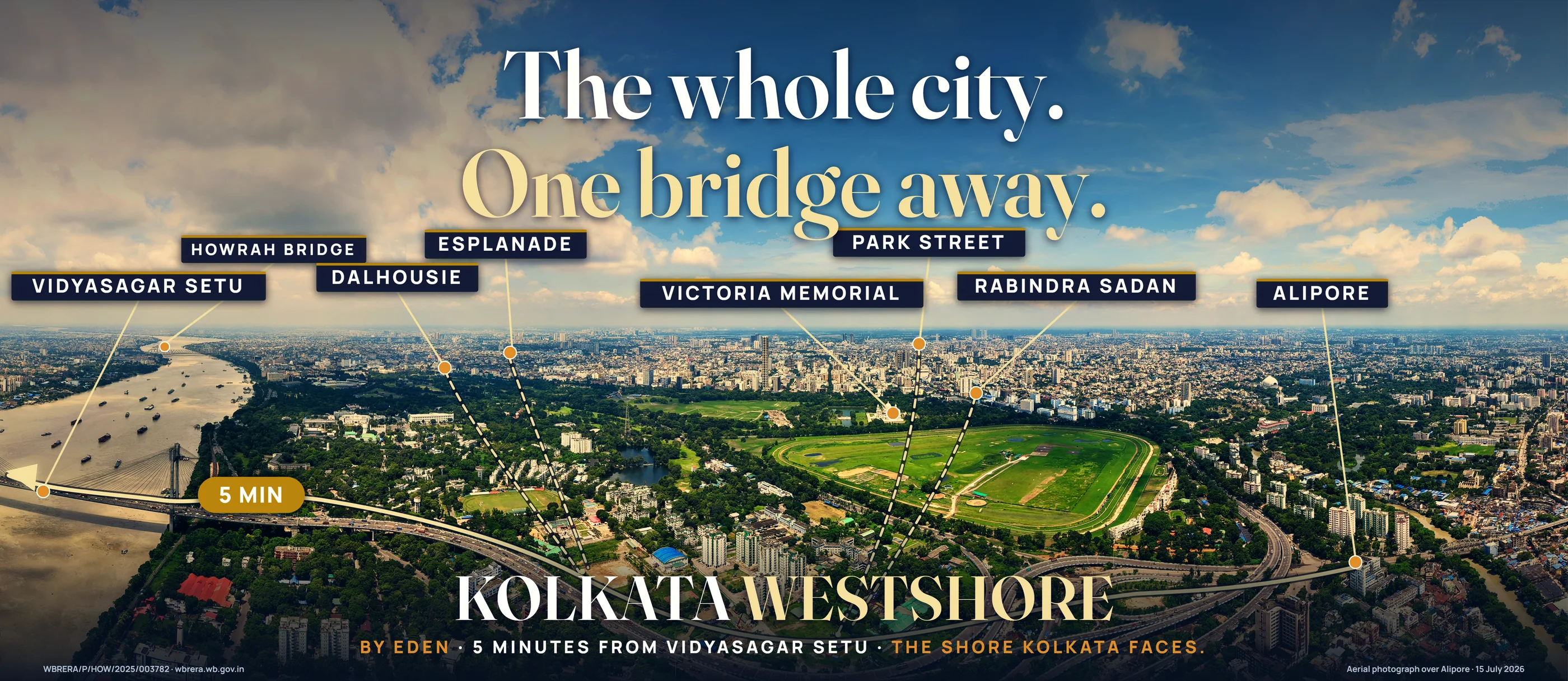 The whole city, one bridge away — aerial over Alipore marking Vidyasagar Setu, Dalhousie, Esplanade, Victoria Memorial, Park Street, Ballygunge and Alipore