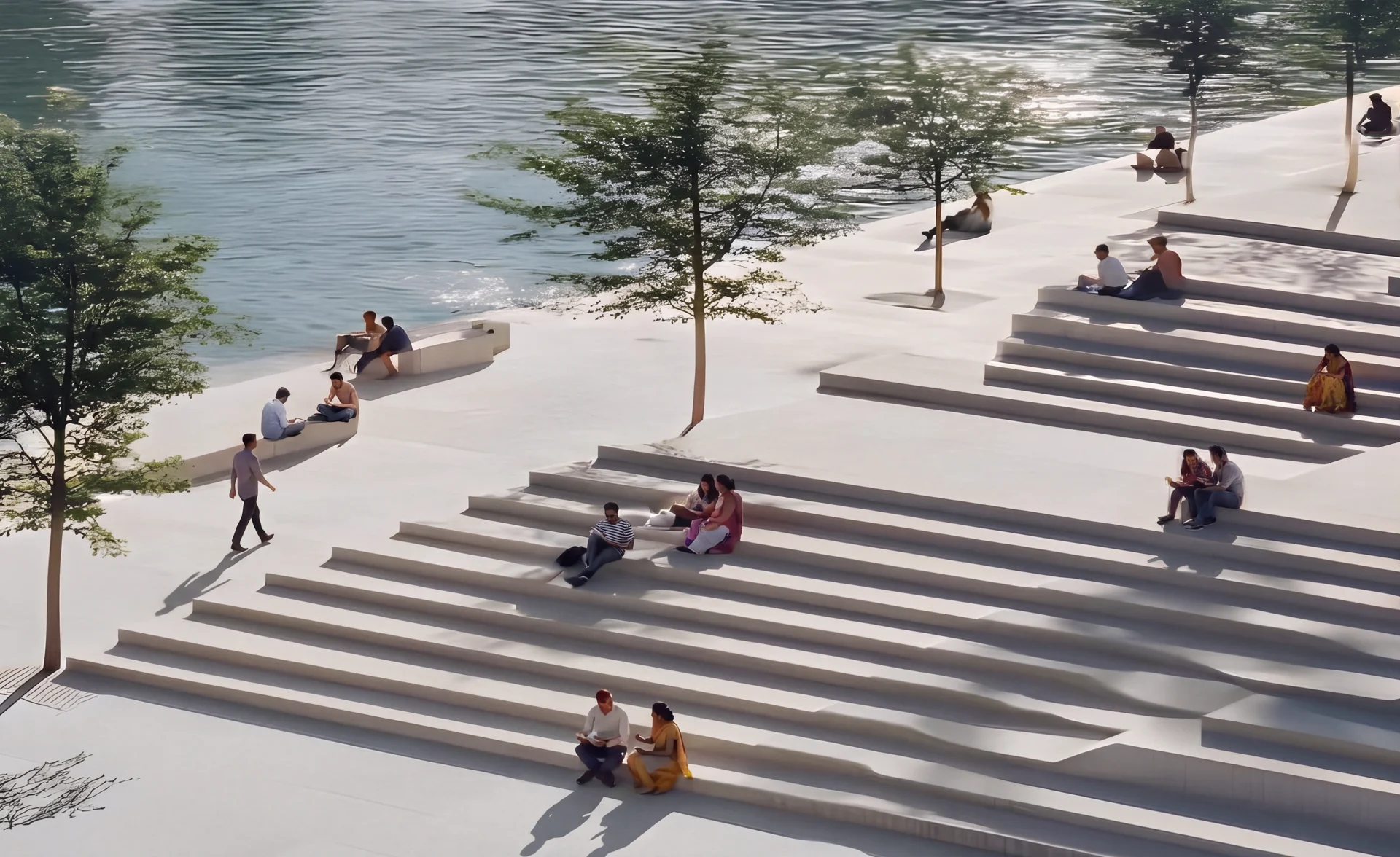 Hospitality design direction — stepped river terraces at the water's edge (indicative visualisation)