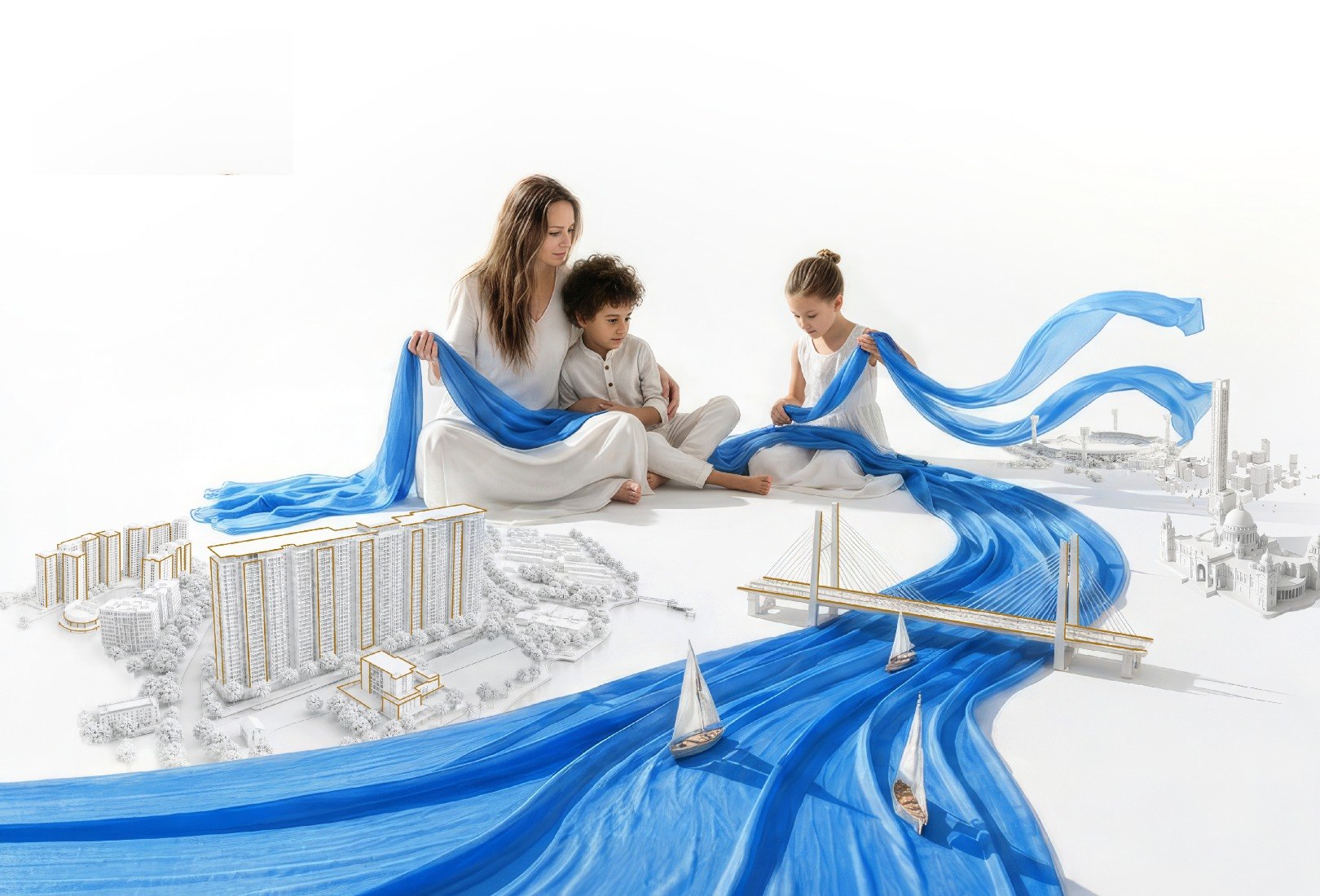 Campaign art — a family unfurls the Hooghly's blue silk across the white city, from the township over Vidyasagar Setu to Victoria Memorial