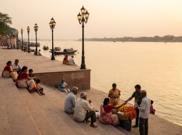 Restored heritage ghat steps on the Hooghly at golden hour